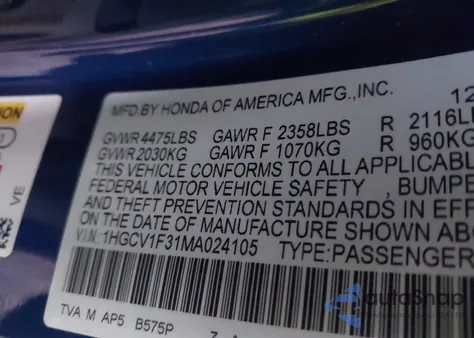 2021 Honda Accord Sport from USA, damaged, VIN 1HGCV1F31MA024105